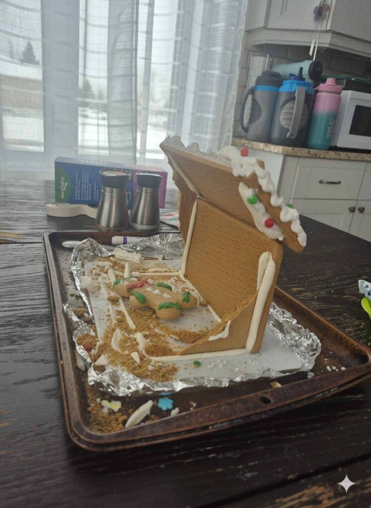 the perspective view of the gingerbread house, which is mostly eaten away at that point. same as with the level design for anything out of the play area